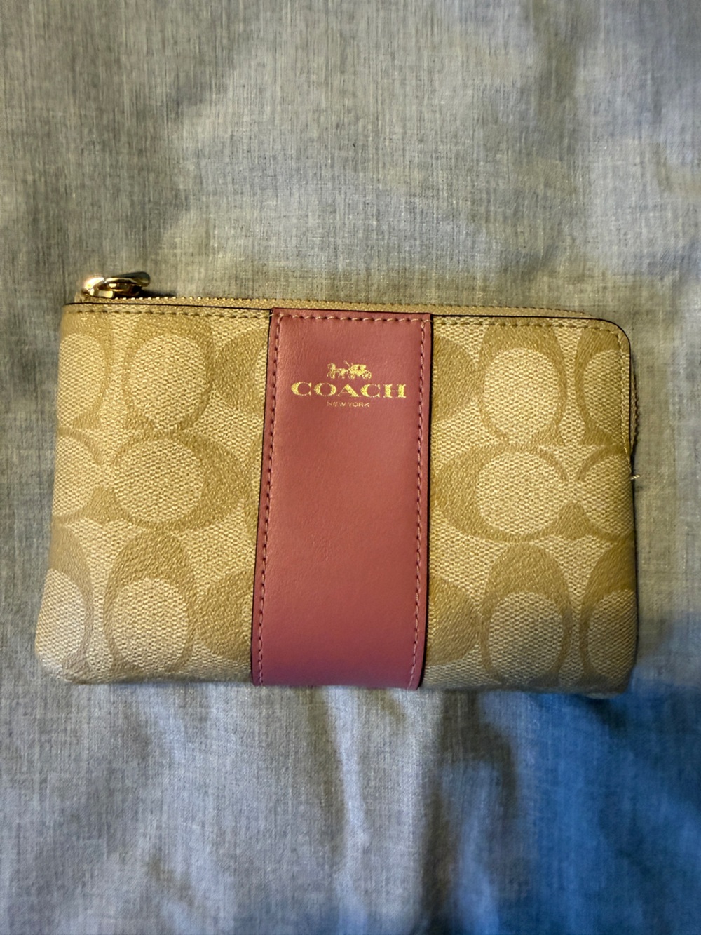 Coach Signature Canvas Zip Wallet in Tan with Rose Center Stripe